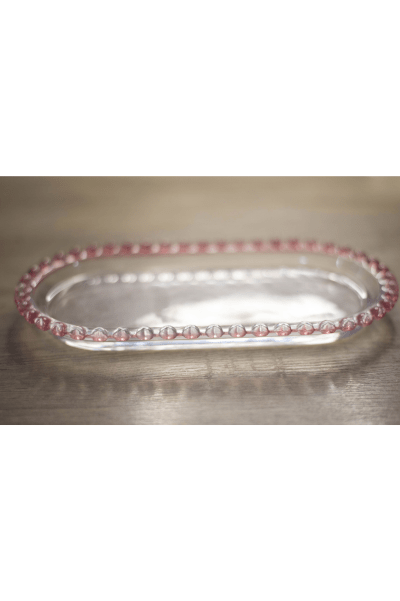 Bandeja Oval de Cristal Coração Borda Rosa 25cm x 13cm x 2,5cm